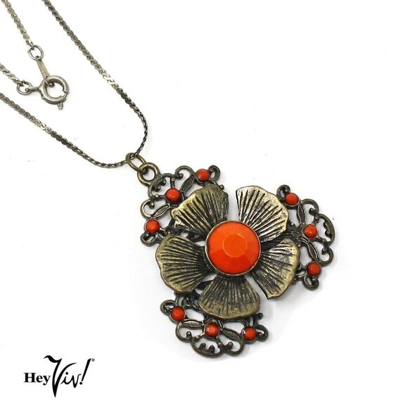 Vintage Pendant Necklace Chain w Fancy Flower Orange Bead Accent - Hey Viv - Picture 2 of 5